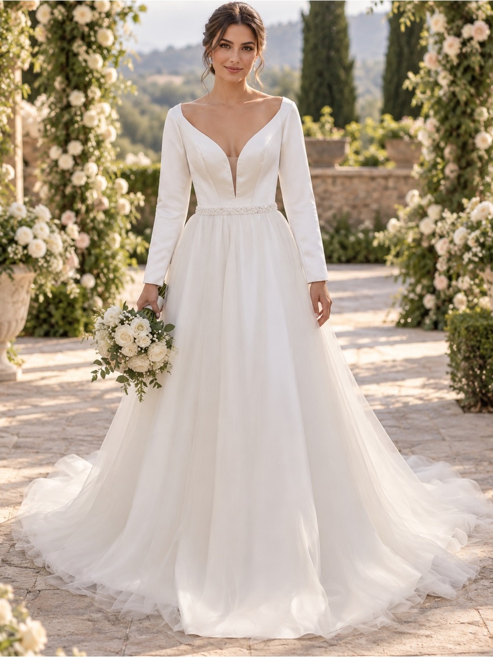 Classic Ivory Long-Sleeve V-Neck Bridal Gown with Beaded Waist
